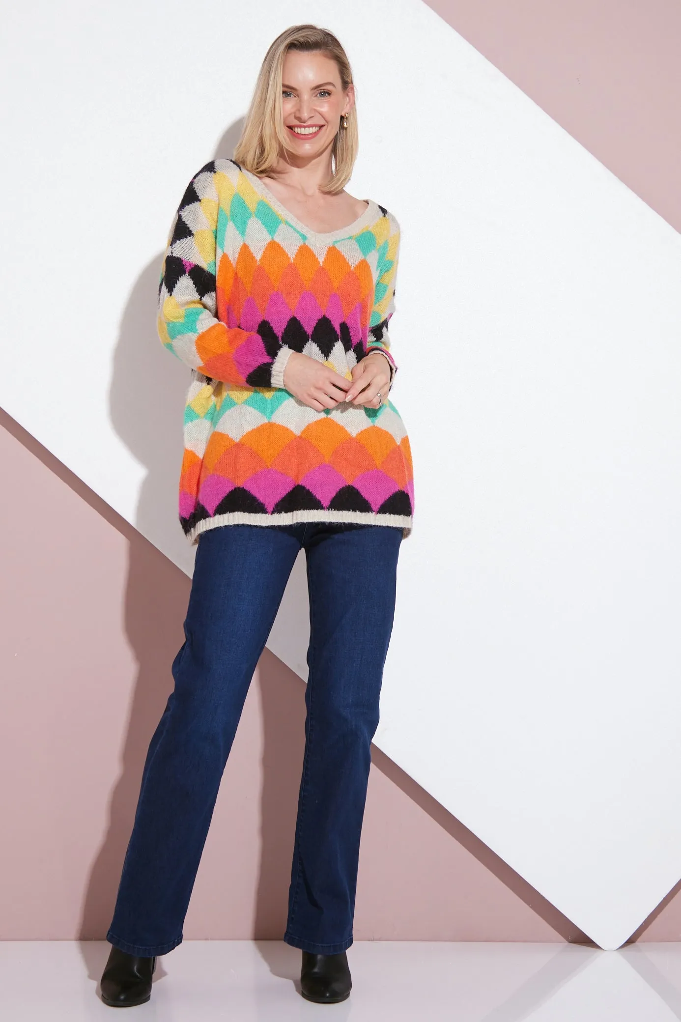 Argyle Knit Jumper - Cream/Rainbow