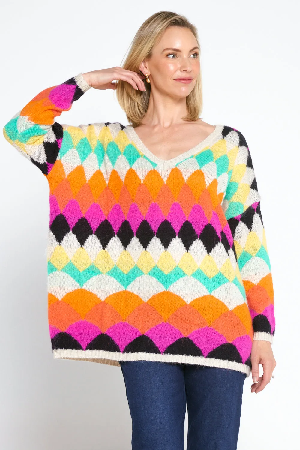 Argyle Knit Jumper - Cream/Rainbow