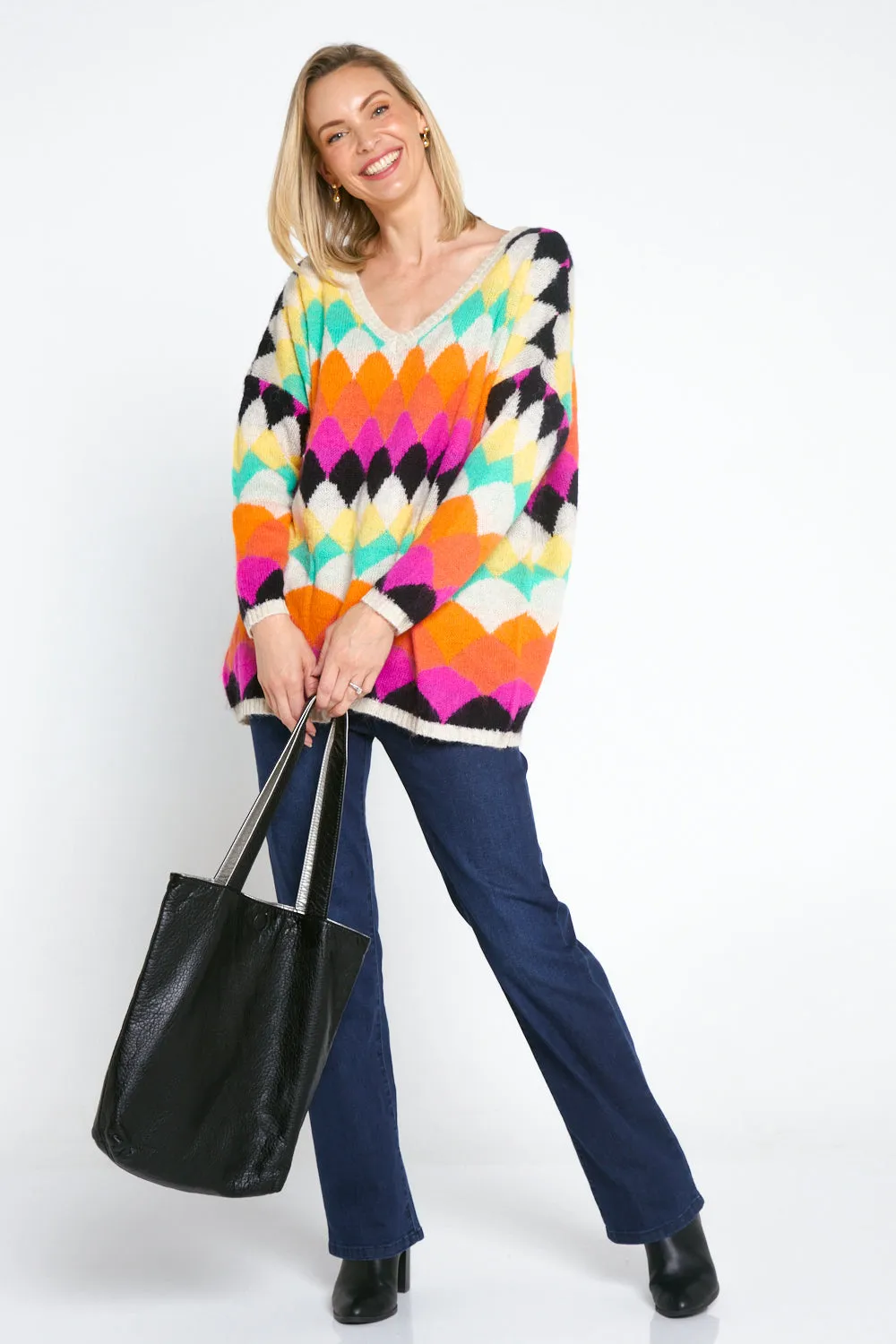 Argyle Knit Jumper - Cream/Rainbow