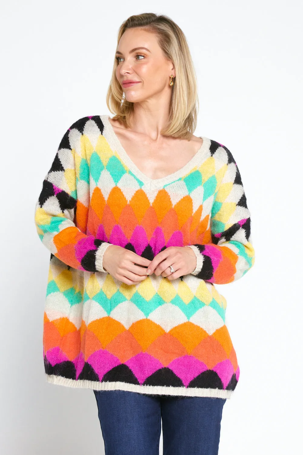 Argyle Knit Jumper - Cream/Rainbow