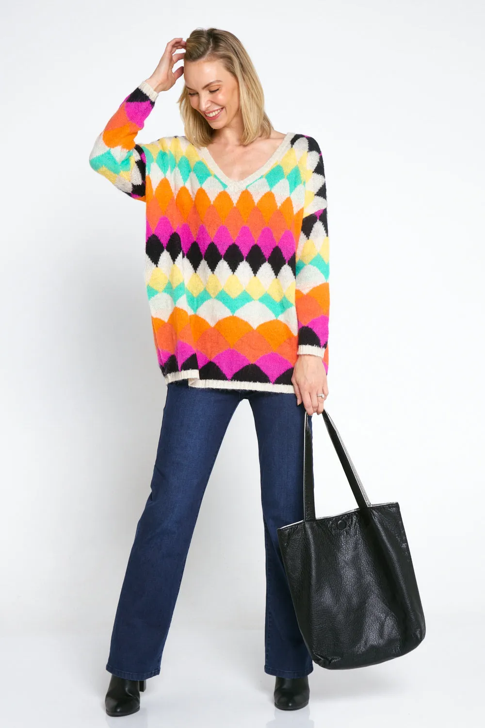 Argyle Knit Jumper - Cream/Rainbow