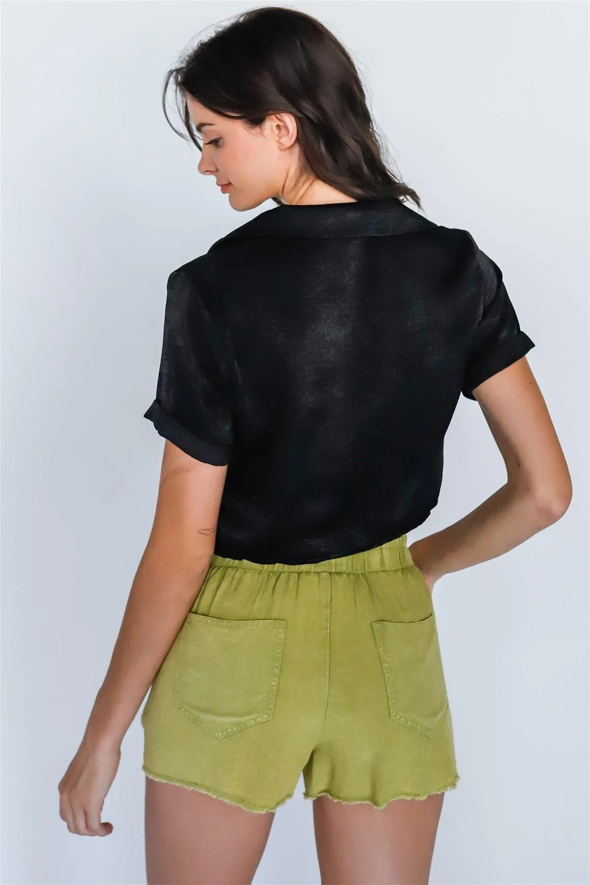 Back Satin Effect Textured Shirt Crop Top /4-2-1