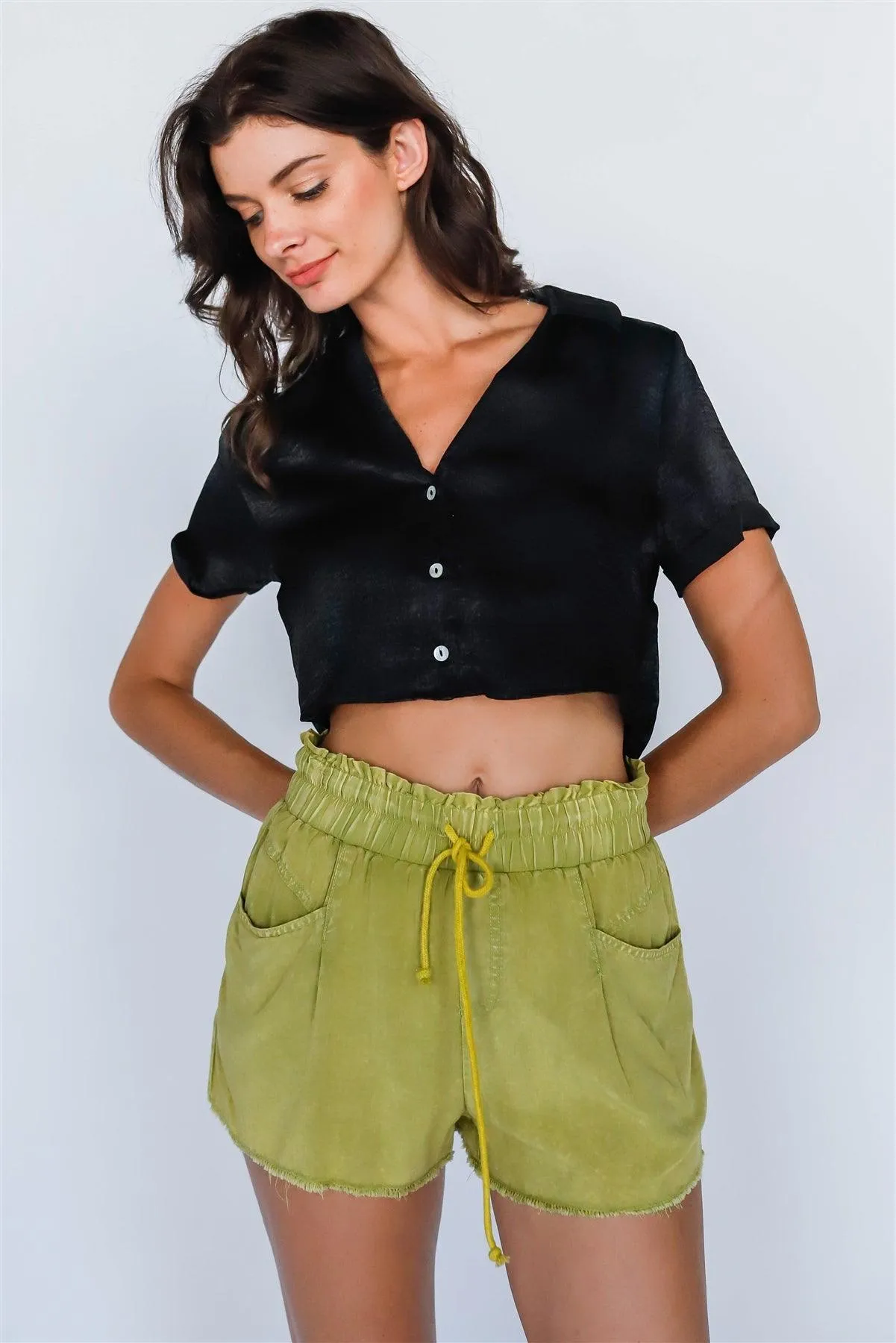 Back Satin Effect Textured Shirt Crop Top /4-2-1