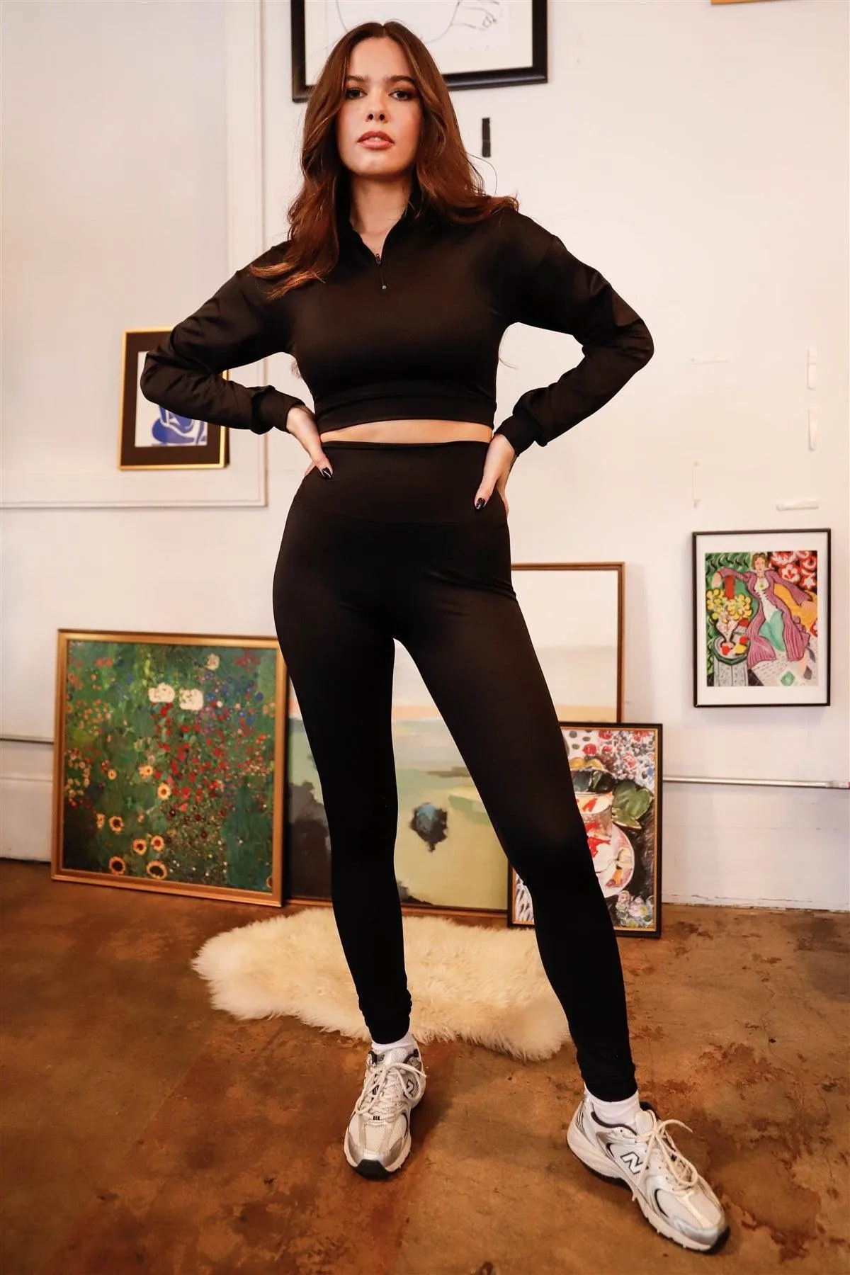 Black Shine Half Zip Front Mock Neck Cropped Top & High Waist Leggings Set /2-2-2