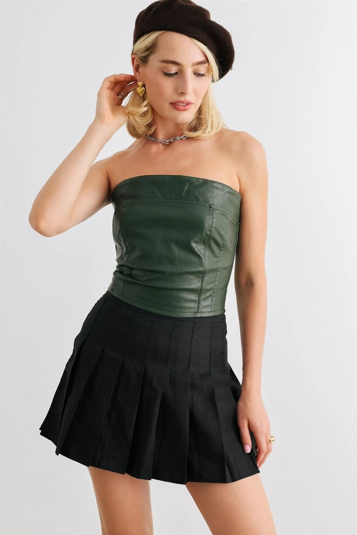 Dark Green Faux Leather Strapless Crop Corset Top /1-2-2-1