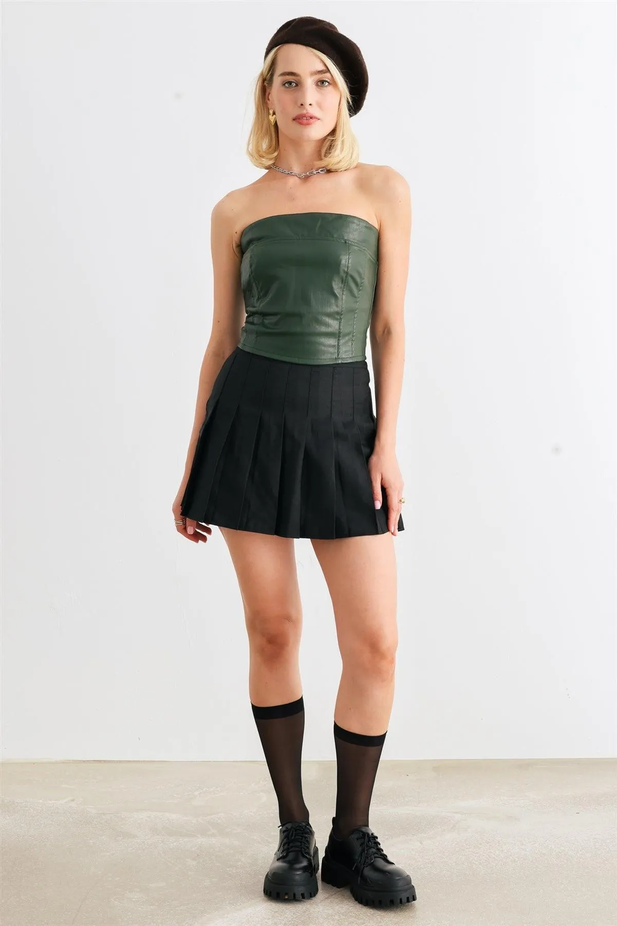 Dark Green Faux Leather Strapless Crop Corset Top /1-2-2-1