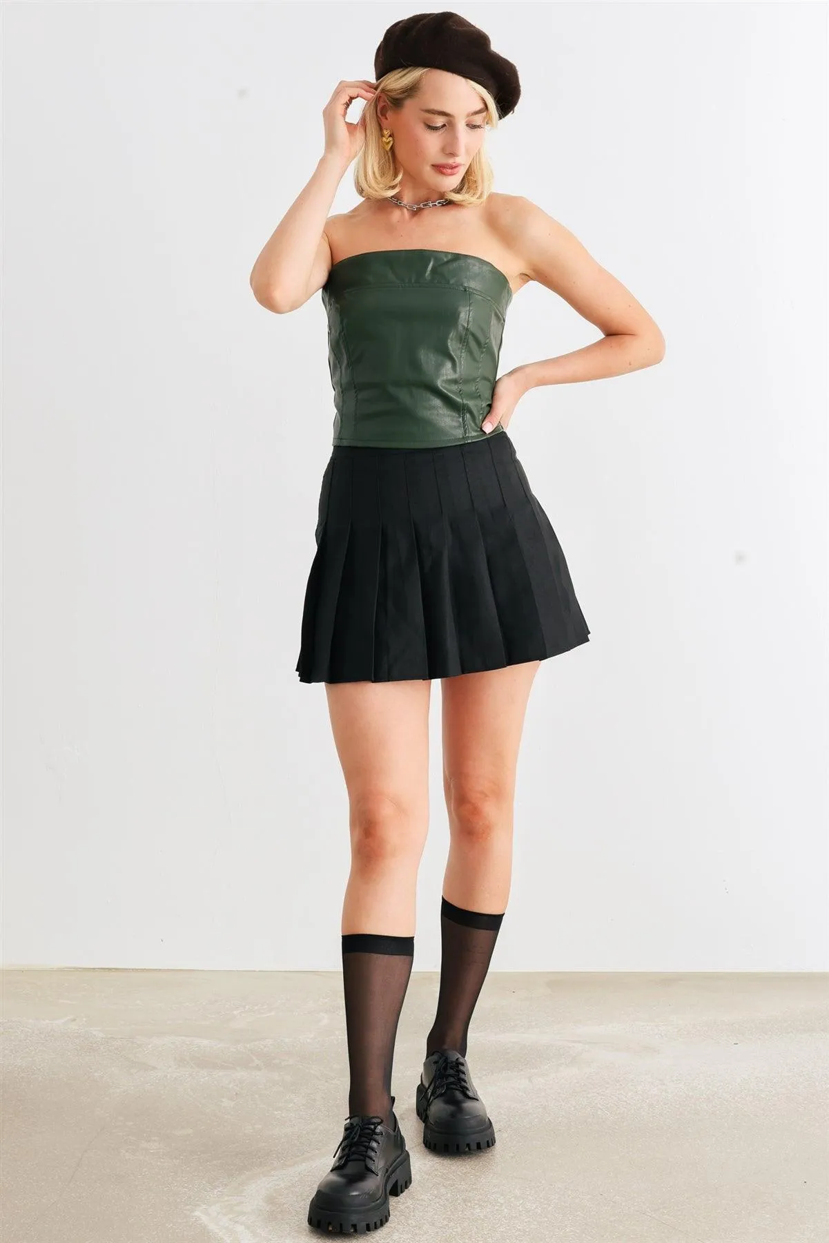 Dark Green Faux Leather Strapless Crop Corset Top /1-2-2-1