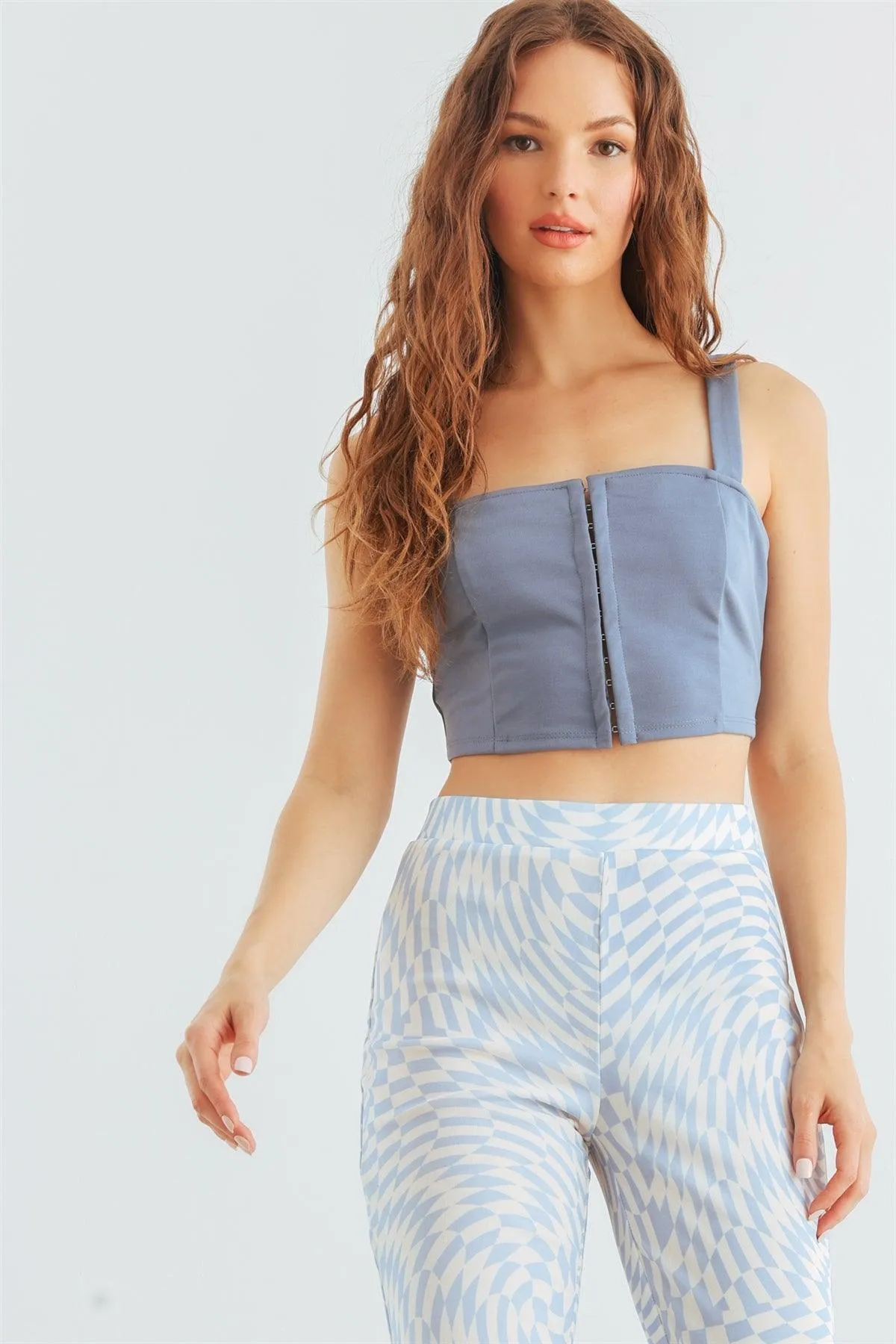 Dusty Blue Sleeveless Eye Hook Corset Crop Top