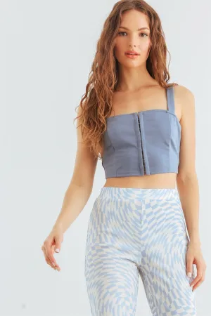 Dusty Blue Sleeveless Eye Hook Corset Crop Top