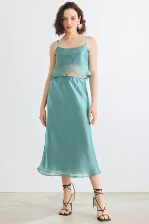 Green Satin Sleeveless Crop Top & High Waist Midi Skirt Set