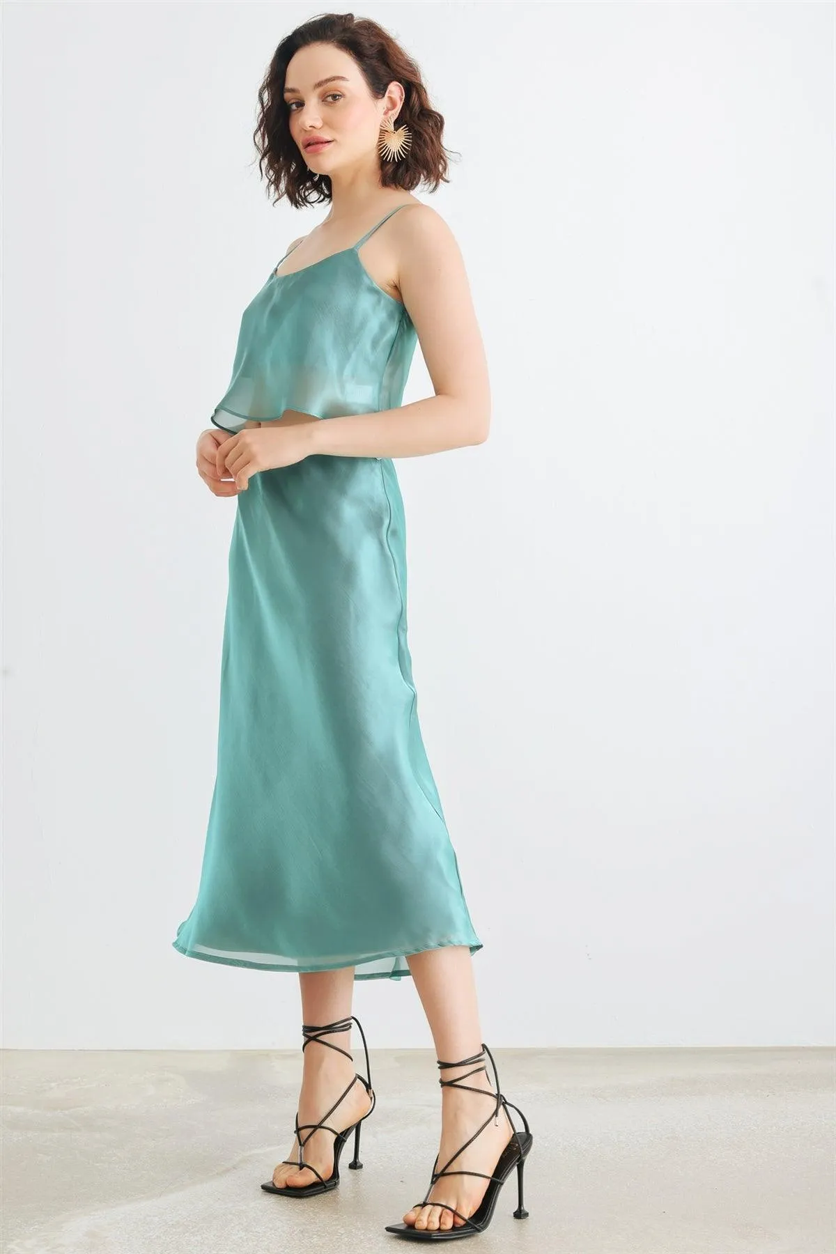 Green Satin Sleeveless Crop Top & High Waist Midi Skirt Set