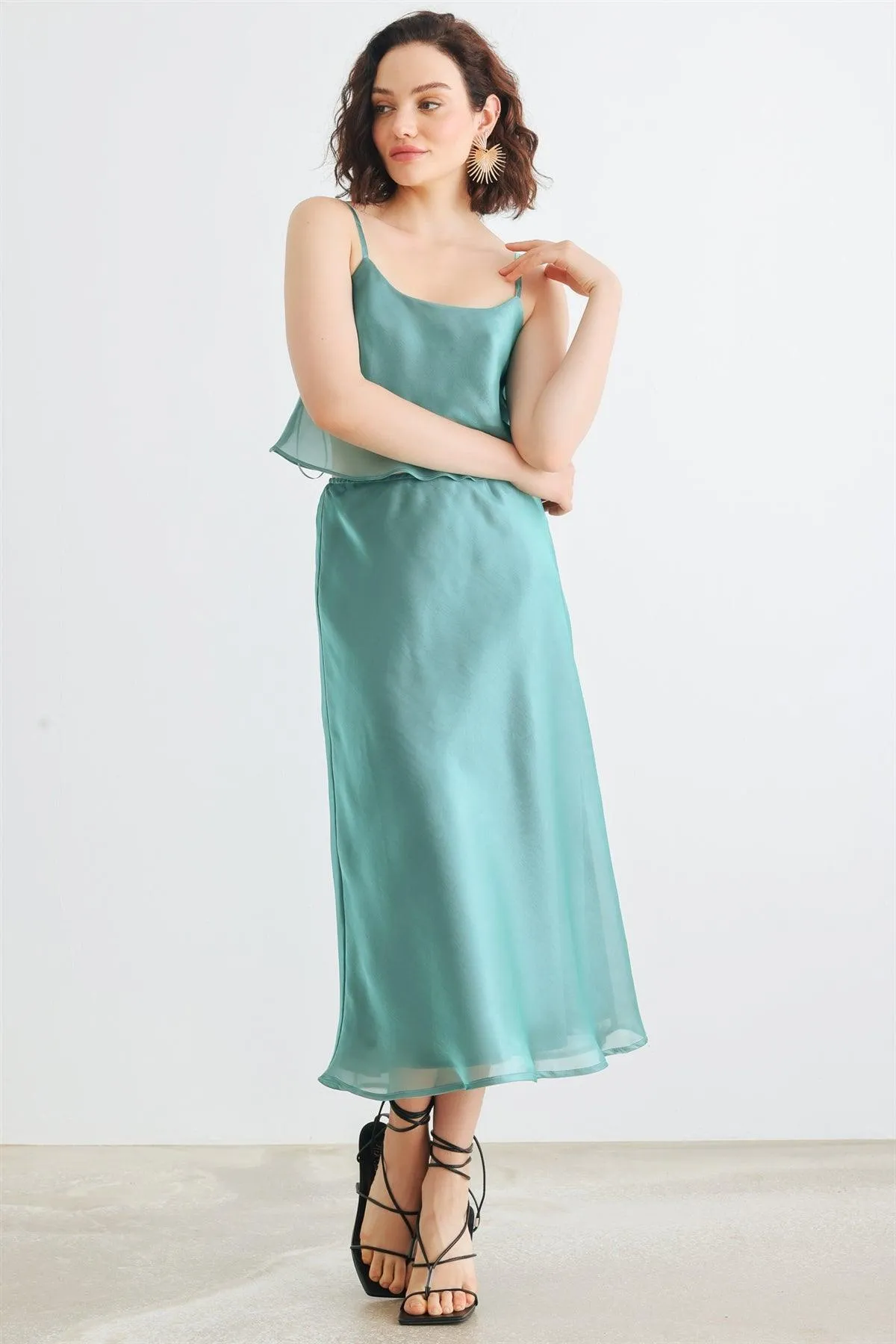 Green Satin Sleeveless Crop Top & High Waist Midi Skirt Set