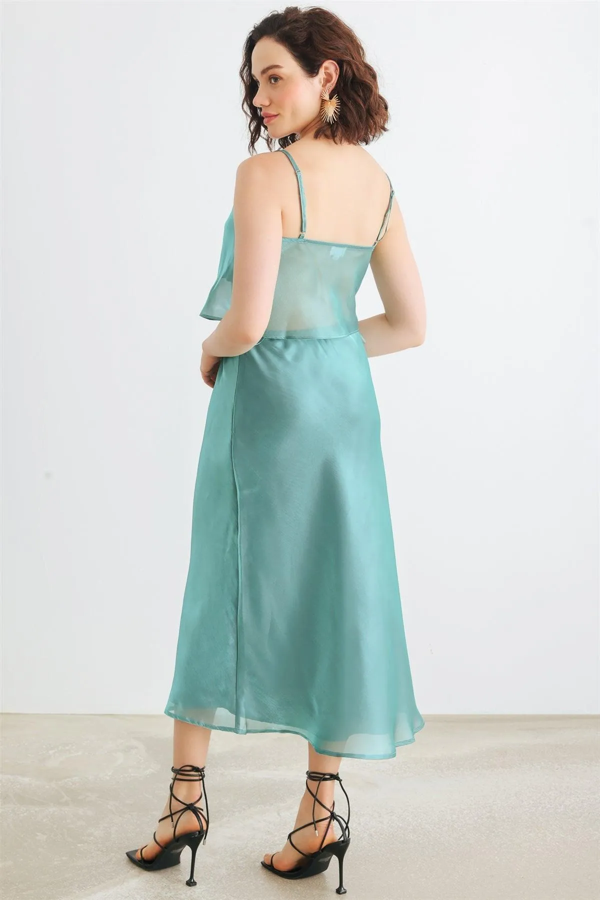 Green Satin Sleeveless Crop Top & High Waist Midi Skirt Set