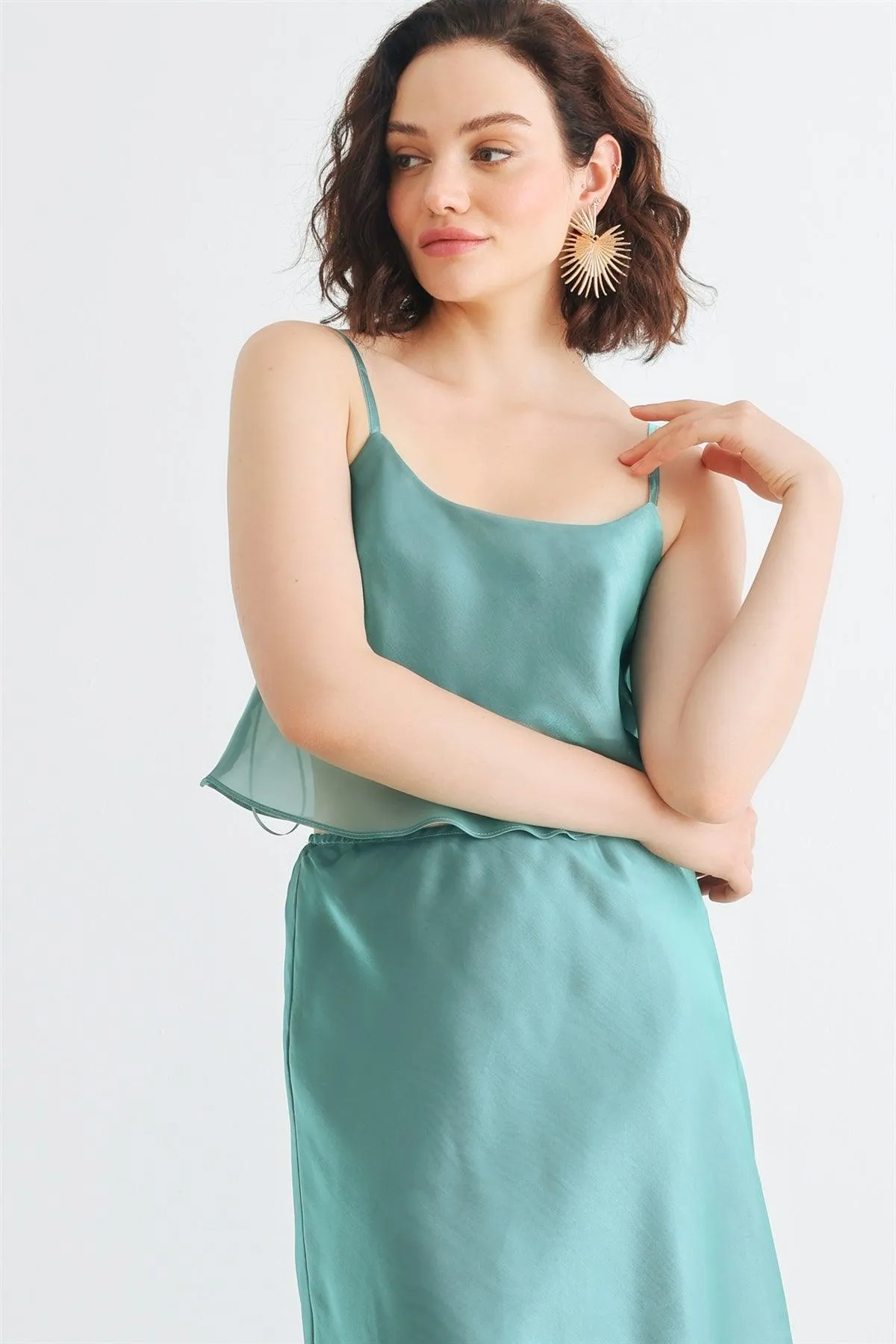 Green Satin Sleeveless Crop Top & High Waist Midi Skirt Set