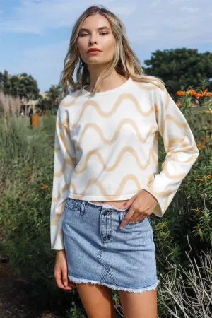 Ivory & Taupe Printed Crew Neck Long Sleeve Crop Top  /3-2-1