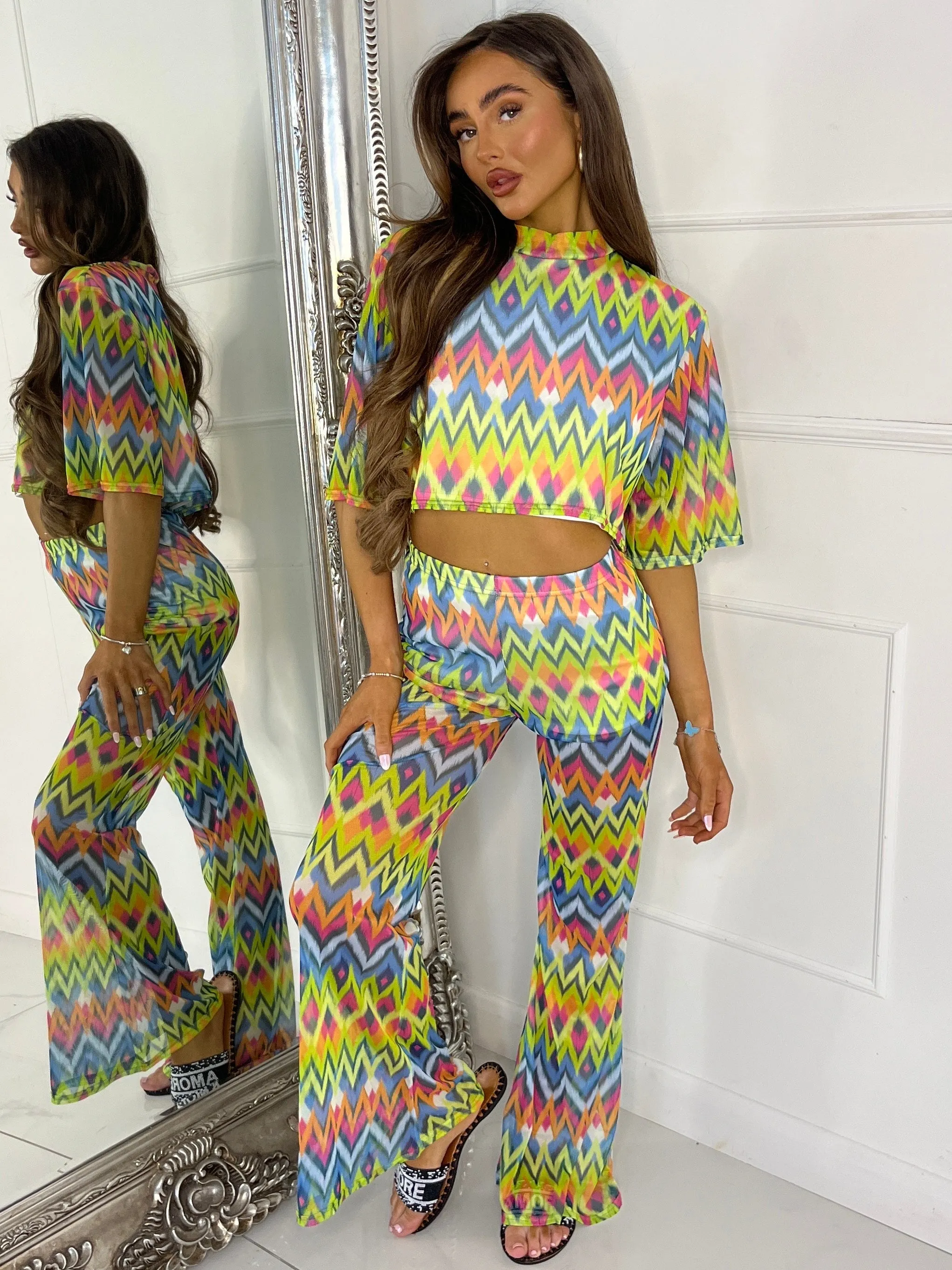 Mesh Cropped T-Shirt and Flares Co-Ord - Multi Zigzag