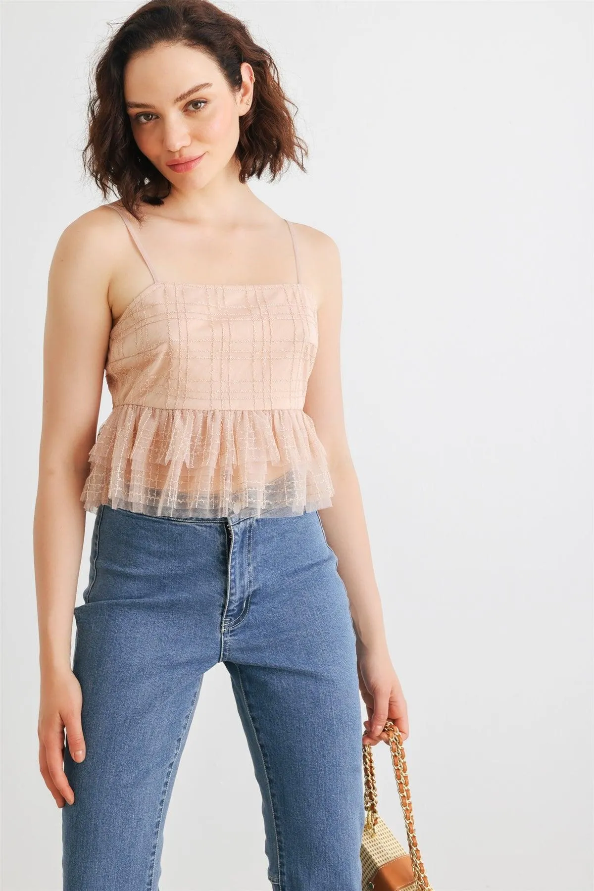 Nude Mesh Sequin Sleeveless Tiered Ruffle Hem Crop Top /1-2-2-1