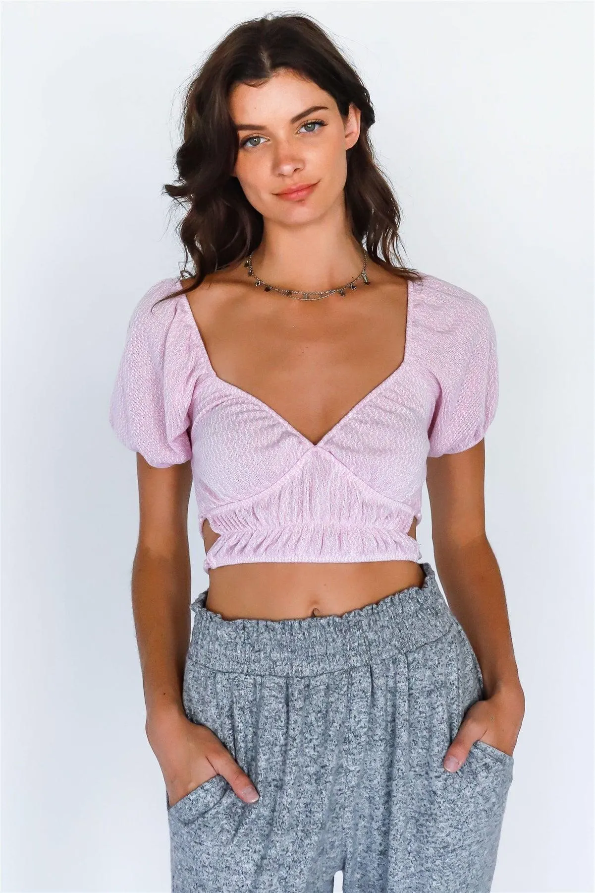 Pink & White Knit Back Lace Down Short Balloon Sleeve Crop Top /3-2-1