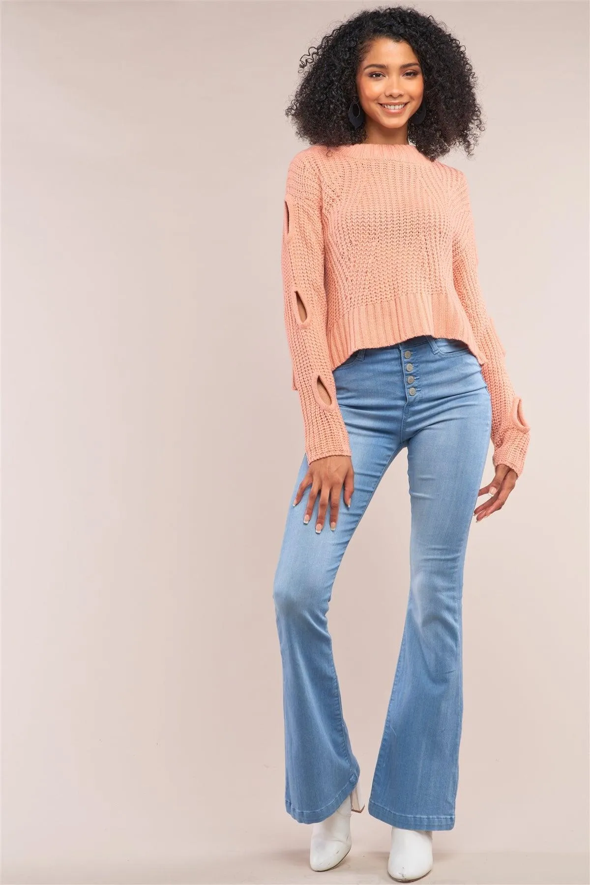 Salmon Round Neck Long Cut-Out Cable Knit Cropped Sweater