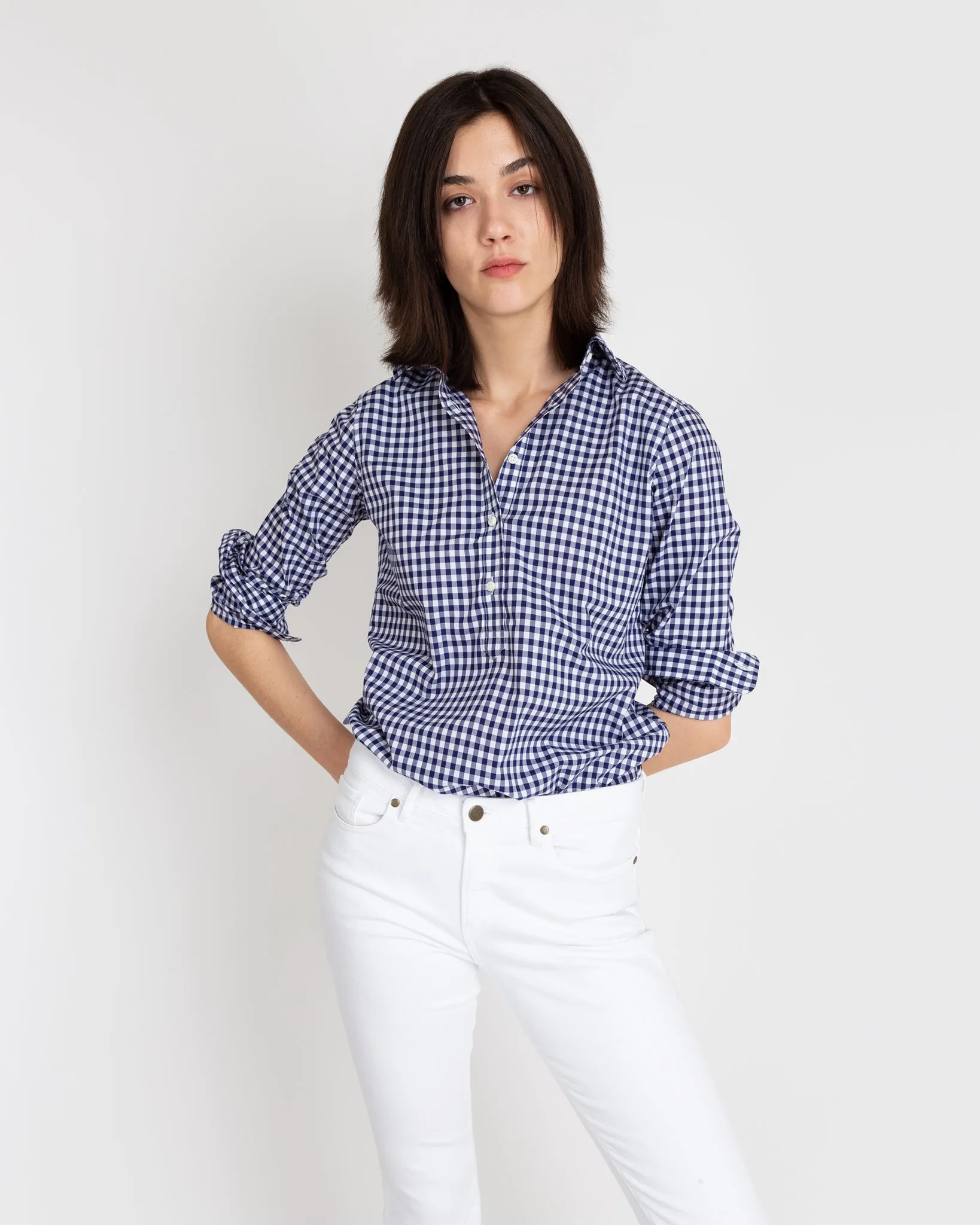 Tomboy Popover Shirt in Navy Gingham Poplin