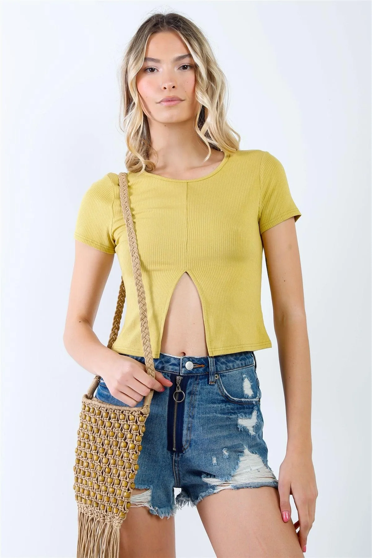 Wasabi Green Ribbed Front Slit Short Sleeve Crop Top /3-2-1